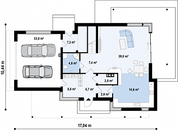 Проект современного двухэтажного дома из газобетона в стиле модерн с пятью спальнями, с гаражом, угловой террасой и балконом над ней / План 1 этажа