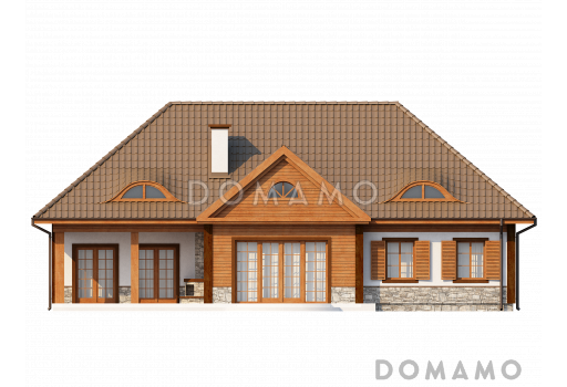 Проект просторного одноэтажного мансардного дома из кирпича с барбекю на крытой угловой террасе / Фасад 2