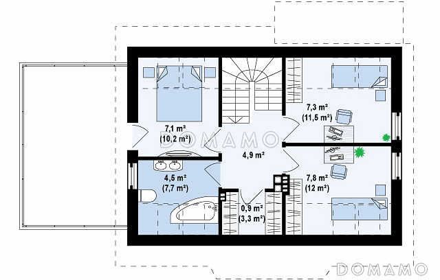 Проект одноэтажного мансардного дома из кирпича с открытой террасой над гаражом / План мансардного этажа