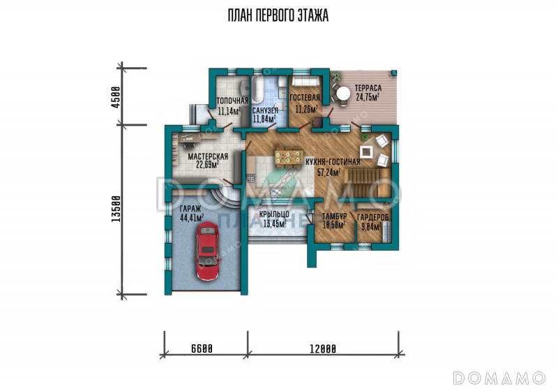 Проект двухэтажного дома с мансардой и террасой / План 1 этажа