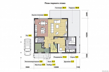 Проект каркасного дома с душевой в составе террасы / План 1 этажа