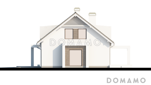 Проект одноэтажного мансардного дома из кирпича с эркером в кухонной зоне, вертикальным мансардным окном и гаражом / Фасад 3
