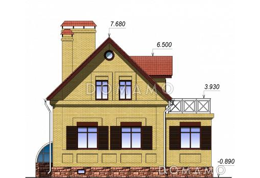 Проект одноэтажного дома с мансардным и цокольным этажами, с эркером / Фасад 4