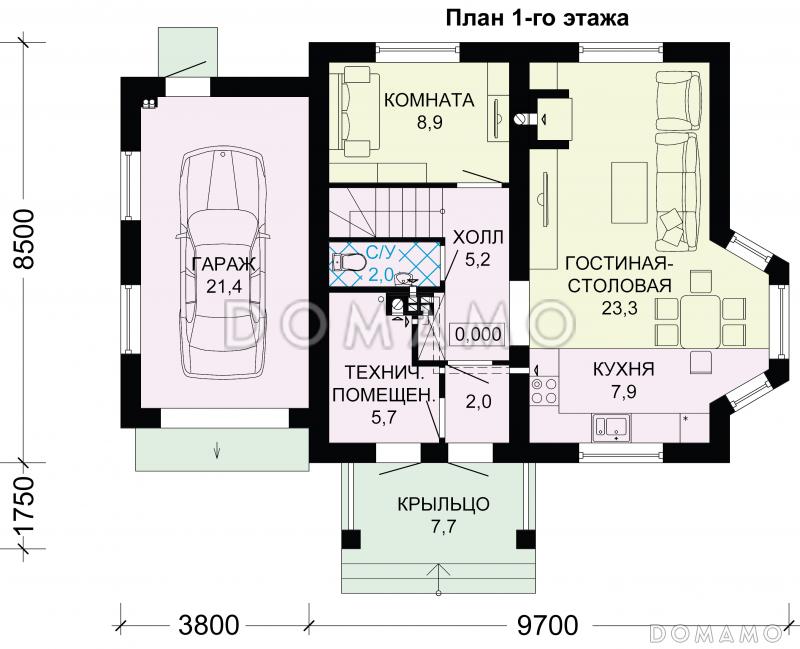Проект дома из газобетона с гаражом / План 1 этажа