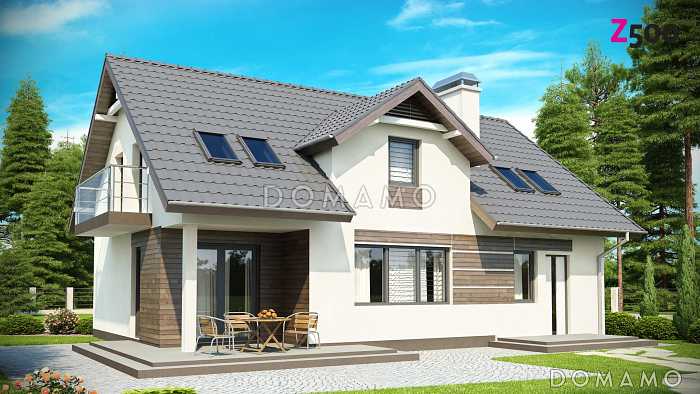 Проект одноэтажного мансардного дома из кирпича с балконом, с четырьмя спальнями и встроенным гаражом