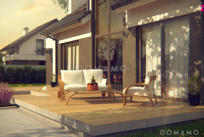 Проект одноэтажного коттеджа из газобетона с мансардным этажом со вторым светом, большим панорамным окном и гаражом 