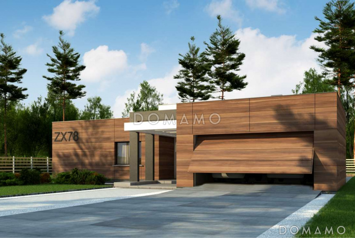 Проект просторного современного одноэтажного дома из газобетона с плоской крышей с тремя спальнями, крытой террасой и гаражом