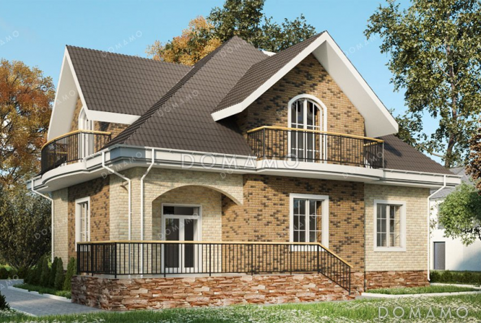 Проект одноэтажного дома с мансардой, большой террасой и подвалом