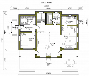 Проект двухэтажного кирпичного дома с просторной террасой, сауной и пятью спальнями / План 1 этажа