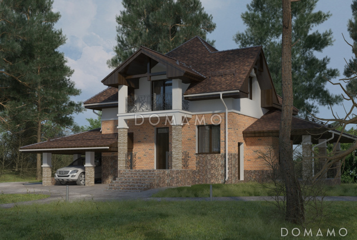 Проект дома с использованием трёх видов отелочных материалов, с навесом для автомобиля и террасой