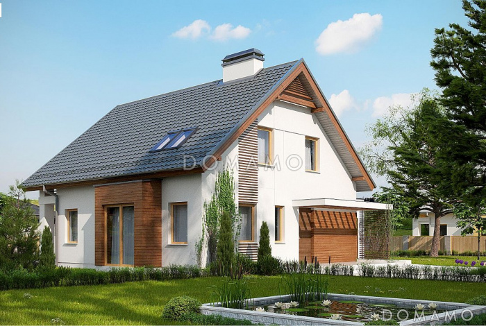 Проект одноэтажного дома из газобетона с мансардным этажом с прямоугольным эркером, балконом и пристроенным гаражом