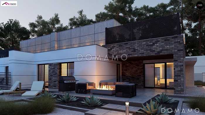 Проект современного двухуровневого дома из газобетона с плоской крышей, террасами и гаражом 