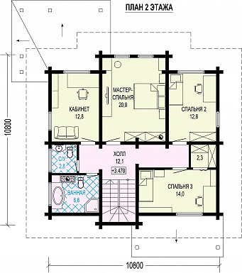 Проект двухэтажного дома из бруса с кабинетом, 4 спальнями и большой гардеробной у входа / План 2 этажа
