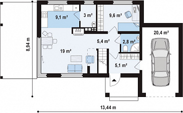 Проект современного двухэтажного дома из газобетона с плоской крышей с кабинетом, гаражом и крытыми террасами на обоих уровнях, адаптированный для сейсмозоны  / План 1 этажа