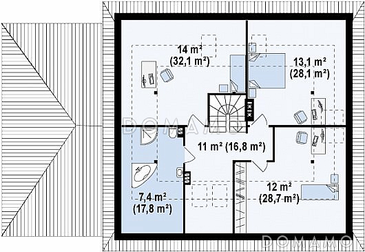 Проект большого одноэтажного мансардного дома из кирпича с тремя спальнями на каждом этаже и гаражом / План мансардного этажа