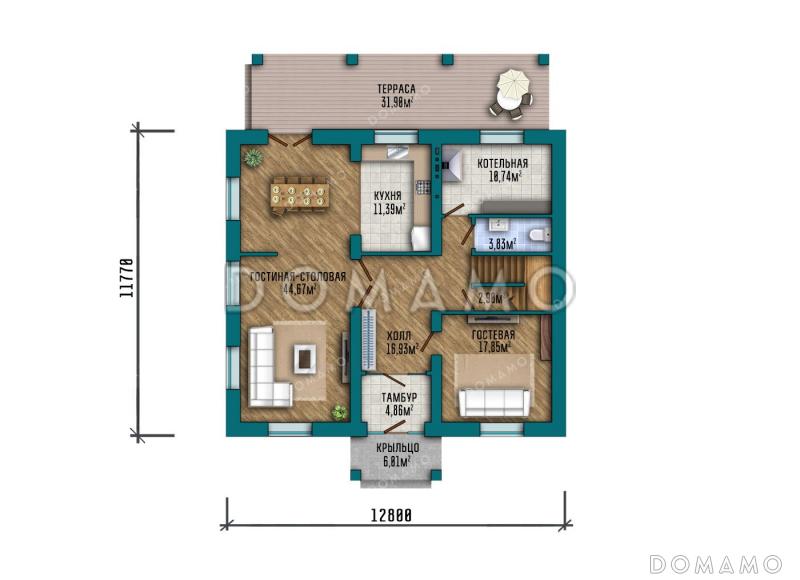 Проект двухэтажного дома, облицованного кирпичом, с 5 спальнями и террасой / План 1 этажа