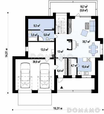 Проект современного двухэтажного дома из газобетона с четырьмя спальнями, сауной и большим гаражом / План 1 этажа