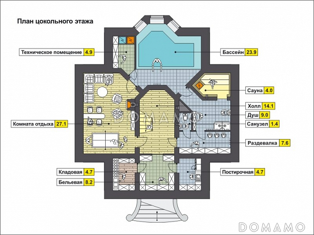 Проект дома с эркером, цокольным этажом с окнами, бассейном и сауной, вторым светом, спальней с балконом / План цокольного этажа