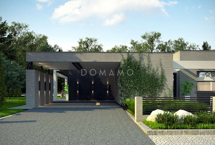 Проект просторного современного одноэтажного дома из газобетона с плоской крышей с четырьмя спальнями, террасой и крытым навесом для двух автомобилей