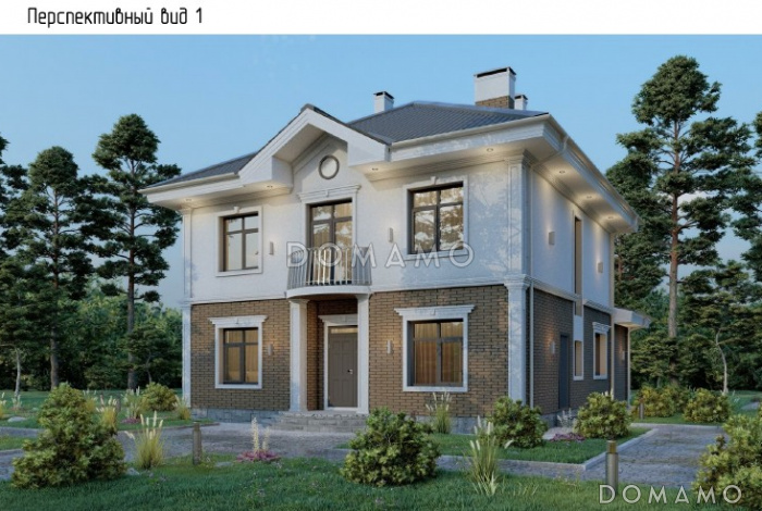 Проект загородного дома с верандой, полукруглым крыльцом, французским балконом, вытянутой кухней-гостиной-столовой