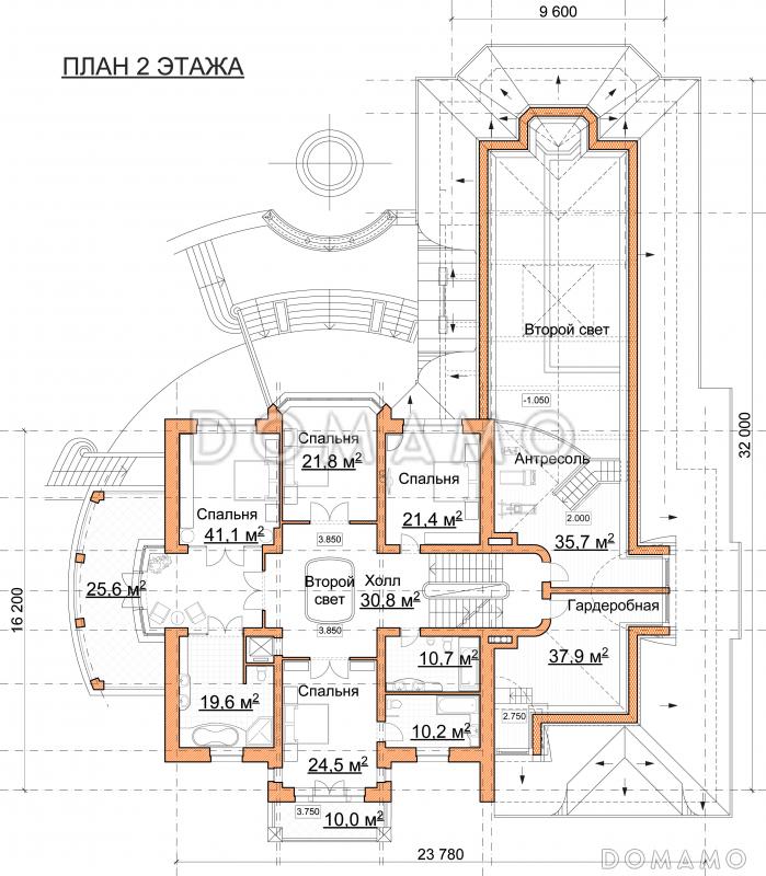 Проект роскошного особняка из кирпича с бассейном на первом этаже / План 2 этажа
