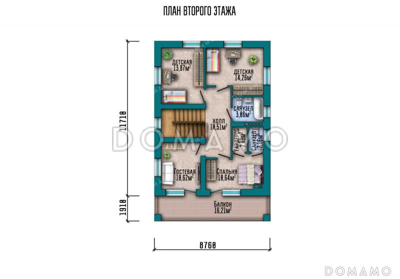 Проект двухэтажного дома с гаражом, 4 спальнями, широким балконом и большим крыльцом / План 2 этажа