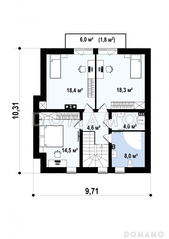 Проект небольшого одноэтажного мансардного дома из кирпича с тремя спальнями и просторной гостиной / План мансардного этажа