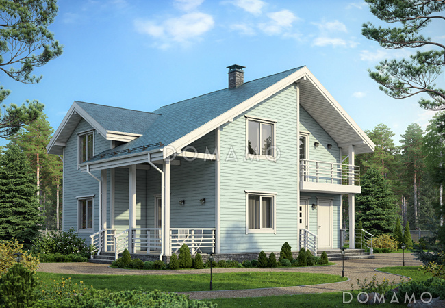 Проект дома с крытой террасой, гостиной с камином, спальней на первом этаже, балконом