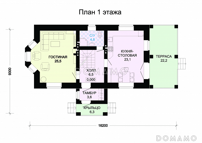 Проект гармоничного, кирпичного дома с эркером, сауной и коричневой крышей / План 1 этажа