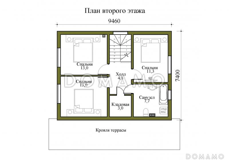 Проект двухэтажного дома с крытой и открытой террасами / План мансардного этажа