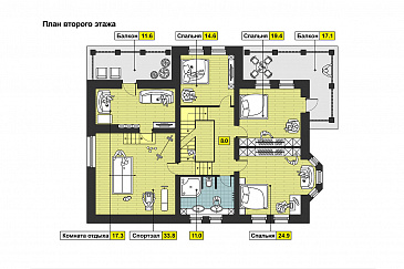 Загородный дом с двумя террасами, залом с бассейном, сауной, спортзалом на мансардном этаже / План мансардного этажа