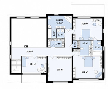 Проект большого комфортабельного двухэтажного дома из газобетона с пятью комнатами, спортзалом и вторым светом над просторной гостиной / План 2 этажа