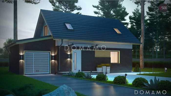 Проект компактного одноэтажного дома из кирпича с ночной зоной на мансардном этаже и с гаражом