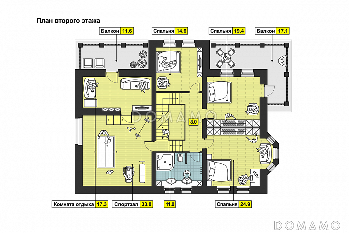 Загородный дом с двумя террасами, залом с бассейном, сауной, спортзалом на мансардном этаже / План мансардного этажа