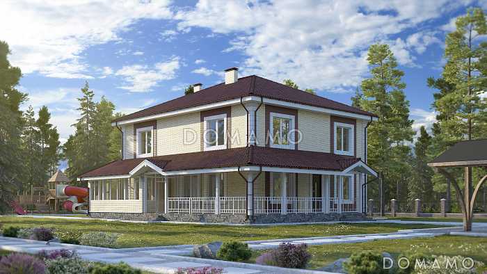 Проект двухэтажного дома с кабинетом, спортзалом, верандой и террасой