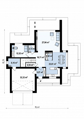 Проект красивого двухэтажного коттеджа из газобетона с террасами на втором уровне / План 1 этажа