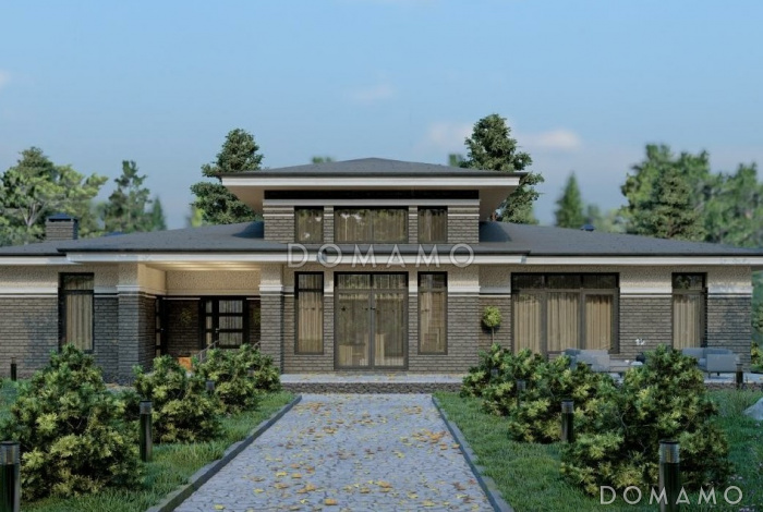 Проект одноэтажного дома с двумя террасами, кухней и гостиной в центральной части дома, сауной