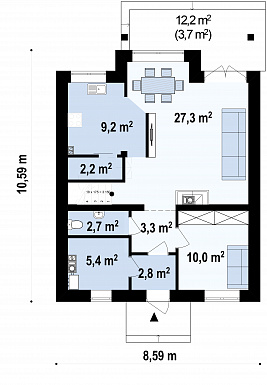 Проект классического мансардного дома из газобетона с кабинетом, с эркером и балконом / План 1 этажа