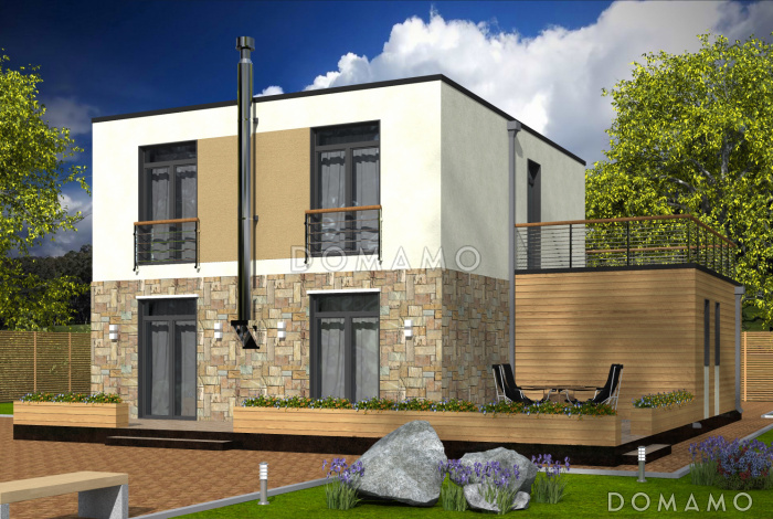 Проект современного дома с гаражом на одну машину, открытой террасой, просторной гостиной, широким балконом над гаражом