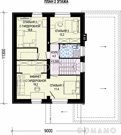 Проект двухэтажного газобетонного дома с гаражом и объединенной спальней, гардеробной и кабинетом / План 2 этажа