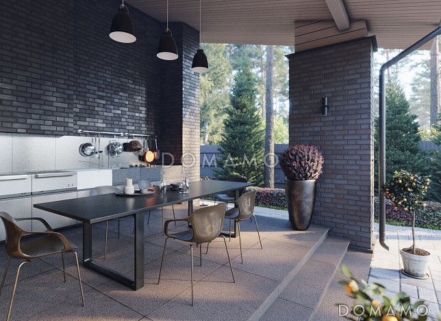 Проект кирпичного одноэтажного дома с 3 комнатами, сауной и навесом для автомобилей