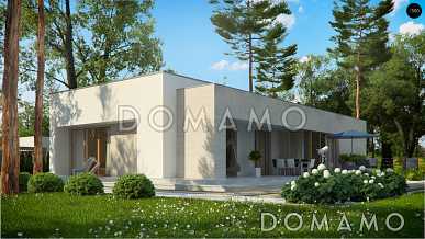 Проект одноэтажного дома из газобетона с плоской крышей, с угловым остеклением гостиной