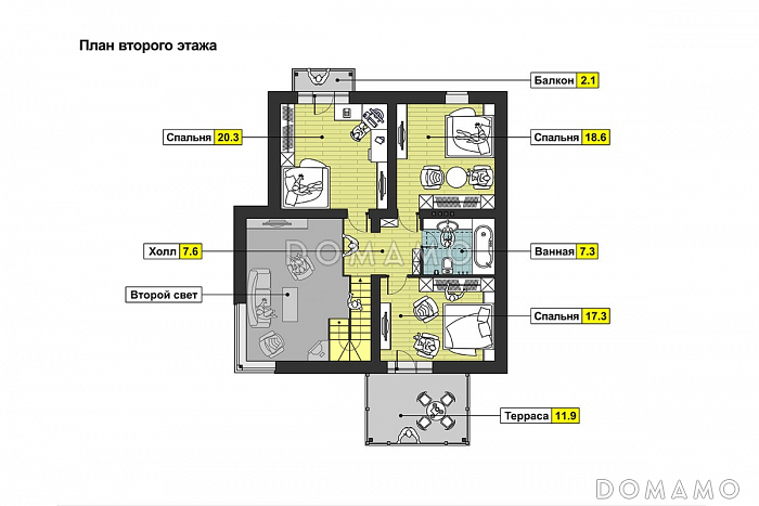 Проект дома с большой открытой террасой, зимним садом, гостиной с камином, кухней с эркером, спальней на первом этаже, вторым светом, балконом / План мансардного этажа