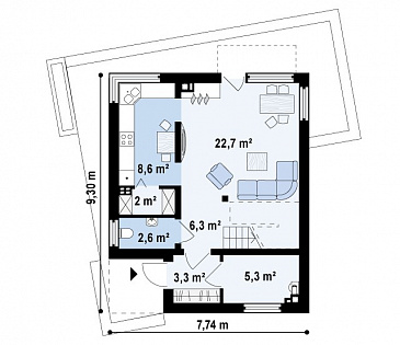 Проект двухэтажного дома из кирпича в стиле кубизм со спальной зоной на втором этаже / План 1 этажа