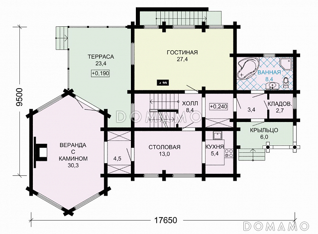 Проект великолепного загородного дома с чудесной верандой и открытой террасой / План 1 этажа