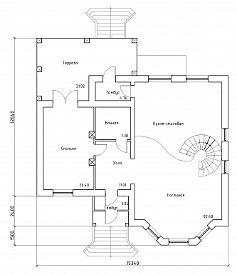 Проект двухэтажного дома с эркером и цокольным этажом, с винтовой лестницей / План 1 этажа