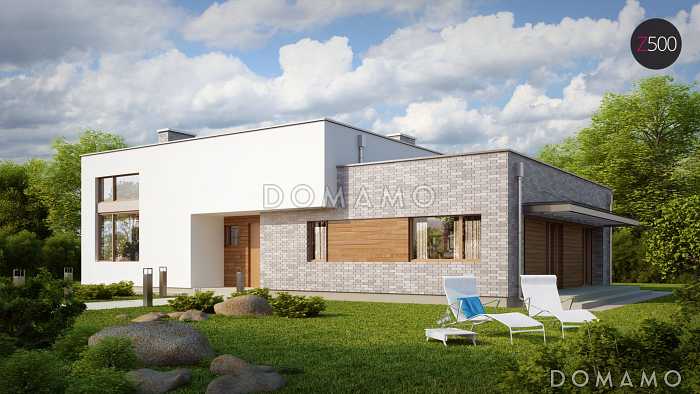 Проект современного одноэтажного дома с плоской крышей из газобетона с тремя спальнями и просторной гостиной с высокими потолками 