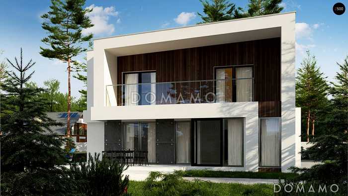 Проект просторного современного двухэтажного дома из кирпича, с пятью комнатами, большим гаражом и двумя лоджиями