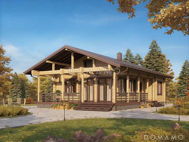 Проект дома из бруса с двумя спальнями и большой угловой террасой