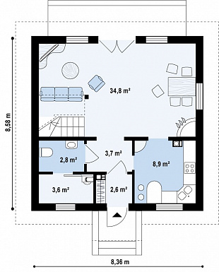 Проект одноэтажного дома из кирпича с тремя спальнями на мансардном этаже / План 1 этажа